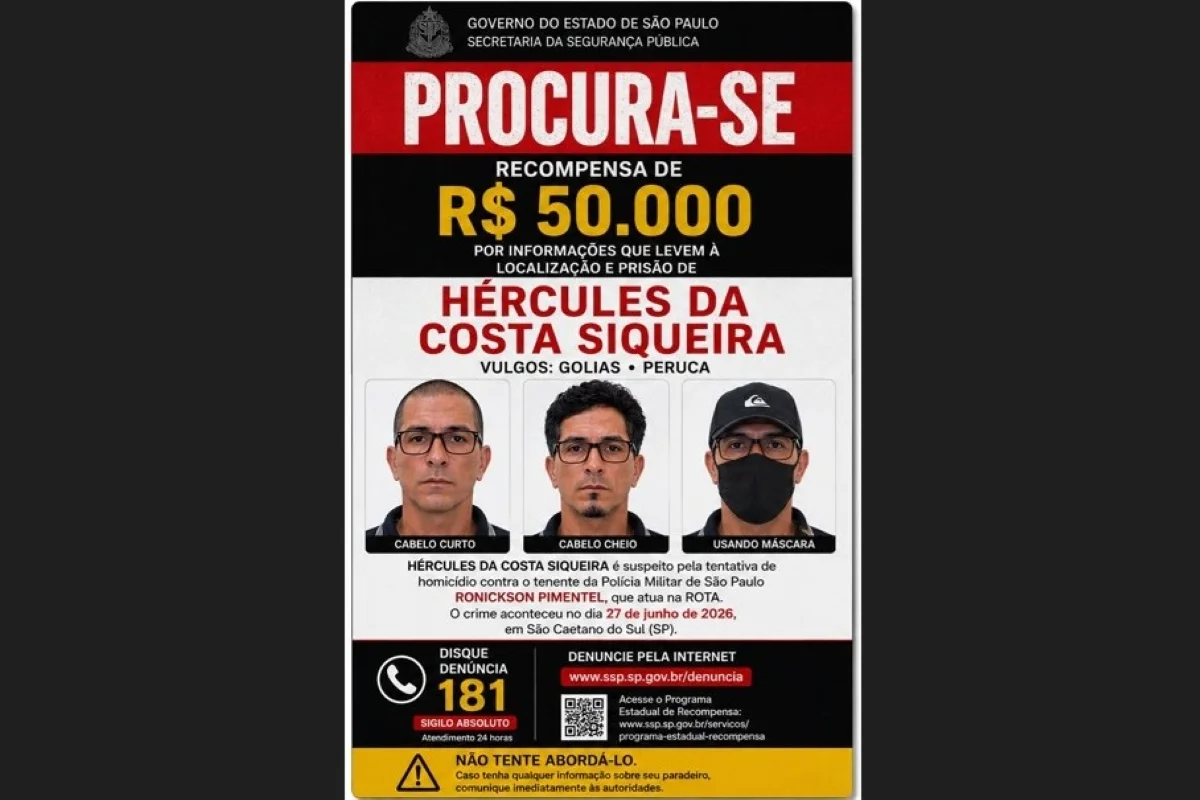Polícia de São Paulo oferece R$ 50 mil por informações que levem ao suspeito de atirar em tenente da Rota